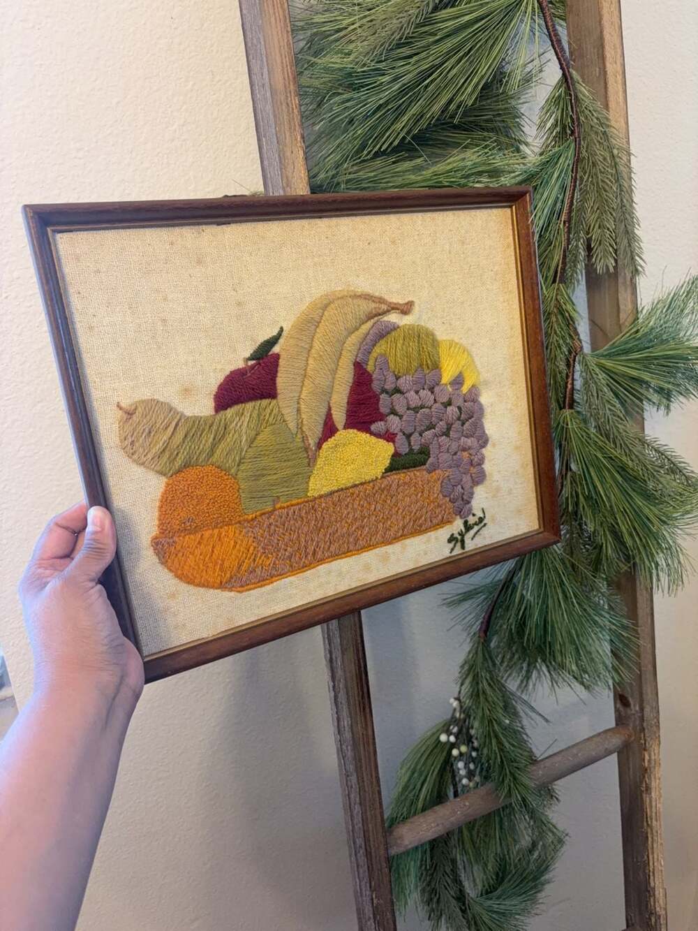 Vintage Framed Fruit Basket Crewel Embroidery Wall Art Signed Sylvia